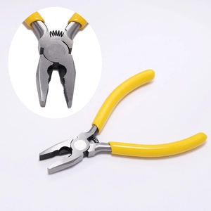 Close-up of DIY jewelry pliers with yellow non-slip handle and spring-loaded cutting jaw