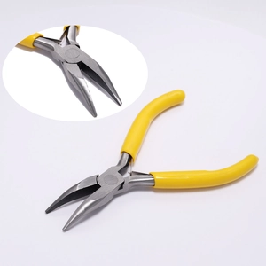 Detail of bent nose jewelry pliers with yellow anti-slip handles and macro tip view