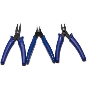 Three-piece jewelry tool set with blue rubber handles for DIY crafting and precision work