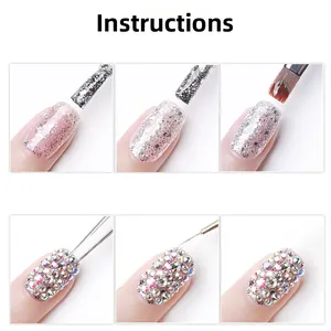 Detailed step-by-step application of white rhinestones and silver glitter for nail art design