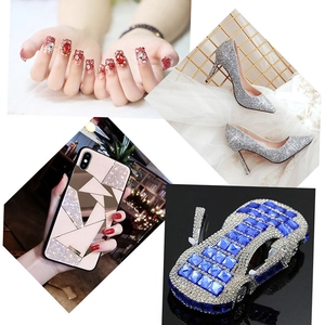Collage of DIY crystal decorations including nail art, high heels, and phone cases