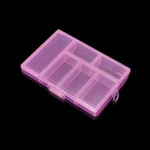 Close-up of pink translucent 6-compartment PP storage box with secure snap-lock clasp