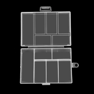 Transparent 12-grid PP plastic jewelry storage box with handle on black background