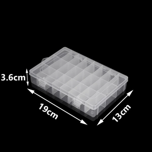 Detail view of 24-compartment clear plastic organizer box showing 19x13x3.6cm dimensions