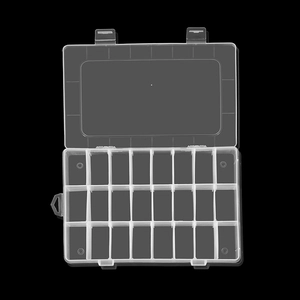 Top view of a 24-grid transparent plastic storage box with double buckles on black background