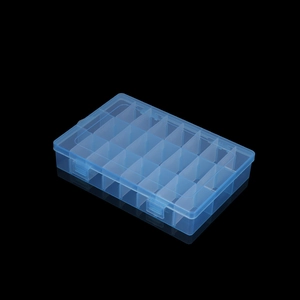 Macro view of 24-grid blue transparent storage box with double buckles and compartments