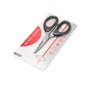 12cm multipurpose stainless steel office scissors with black handles in blister card packaging