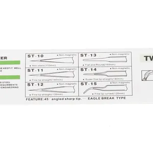 Size chart for anti-static stainless steel tweezers showing ST-10 to ST-15 specifications