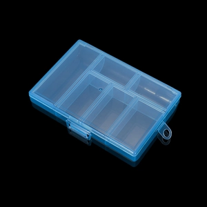 Detail view of transparent blue 6-compartment PP plastic storage box with secure lid