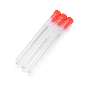 Three transparent storage tubes with red caps containing long metal beading needles