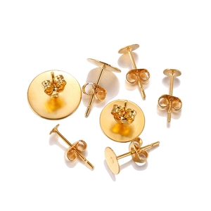 Gold stainless steel flat head earring posts with butterfly backs in various sizes