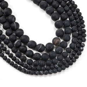 Matte black agate frosted beads with white stripes in multiple sizes for DIY jewelry