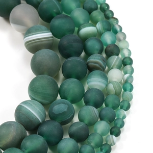 Matte green striped agate round beads with natural white veins for jewelry making