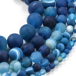 Perles d'agate bleue givrée à rayures pour bijoux DIY avec finition mate naturelle