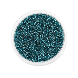 Macro detail of 2mm teal glass seed beads stored in a round transparent container