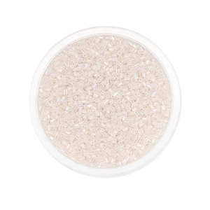 Close-up of 2mm iridescent pearl white glass bugle beads in a clear container for DIY jewelry