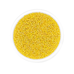 Top view of bright yellow 2mm glass seed beads for DIY jewelry in a round container