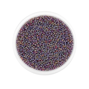 Top view of 2mm rainbow glass seed beads in a round box for DIY jewelry making