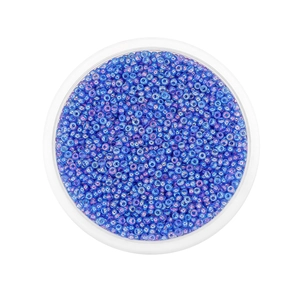 Close-up of 2mm AB blue glass seed beads for DIY jewelry with rainbow aurora finish
