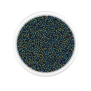 Detail of 2mm iridescent AB glass seed beads in a clear container for DIY jewelry