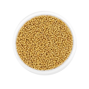 Top view of 2mm gold metallic glass seed beads in a round storage case for DIY jewelry