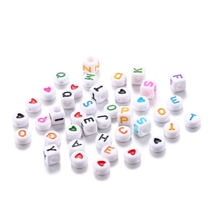 White square acrylic alphabet beads with colorful letters and hearts for DIY jewelry