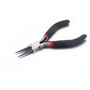 Close-up of 5-inch round nose pliers with non-slip black handle and red accent for DIY jewelry