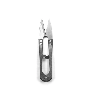 Close-up of professional U-shaped thread snips with matte grey finish for DIY crafts