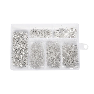 DIY jewelry making kit with silver earring hooks, posts and backs in a clear organizer box
