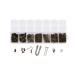 Kit de joyería DIY con cierres de langosta de bronce y ganchos en caja de 7 rejillas