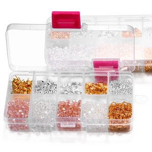 DIY jewelry making kit in 10-grid plastic organizer box with beads and metal findings