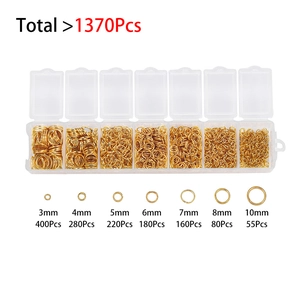 Kit de fabrication bijoux avec anneaux de jonction dorés de 3mm à 10mm en boîte plastique