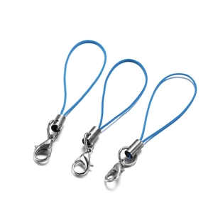Close-up of three blue nylon phone lanyards with silver lobster clasps on white background