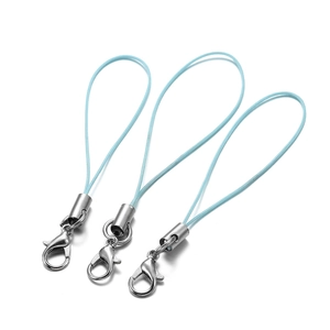 Close-up of three light blue nylon braided lanyards with silver metal lobster clasps