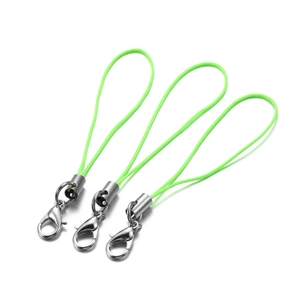 Detailed view of neon green nylon lanyards with silver lobster clasps for DIY jewelry