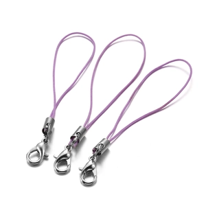 Detailed view of purple nylon phone lanyards with silver metal lobster clasps and connectors
