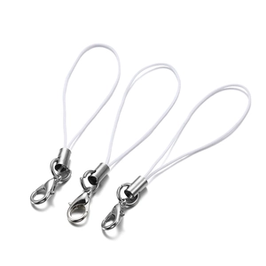 Macro detail of nylon phone lanyards with silver lobster clasps for DIY jewelry making