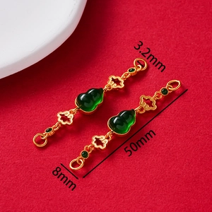 Detailed size view of retro golden gourd pendant with green stone and 50mm length dimension