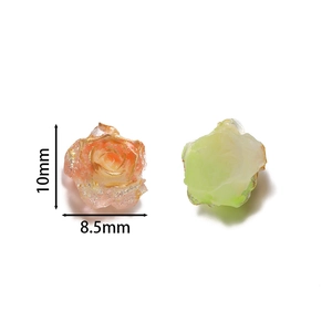 Resin rose flower beads with gold edges for DIY crafts, pink and green colors, 10mm size
