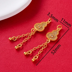 Golden gourd pendants with zircon inlay and tassels showing 52mm length dimensions