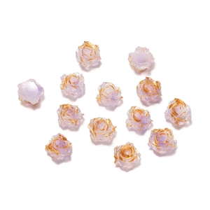 Detailed top view of light purple resin rose beads with gold glitter edges for DIY jewelry