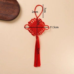 Red Chinese knot decorative pendant with classic tassels and measurements for home decor