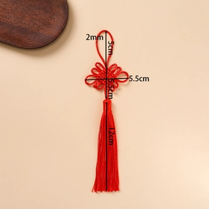 Detail showing dimensions of red Chinese knot with tassel, handmade silk knot 5.5cm wide