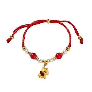 Red braided rope bracelet with golden unicorn charm and pearl beads for New Year gift