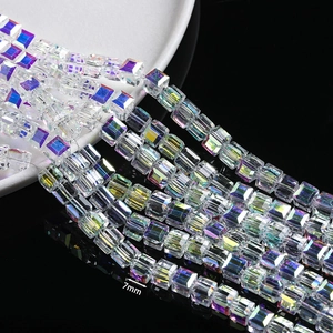 Macro shot of 7mm square glass crystal beads with iridescent AB coating for jewelry DIY