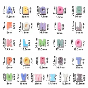 Size chart for 26 colorful flocked acrylic letter beads for DIY jewelry making