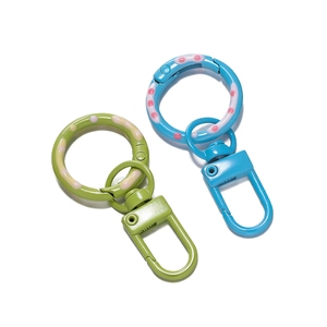 Detail of 5cm colorful spring gate rings in green and blue with decorative swirls