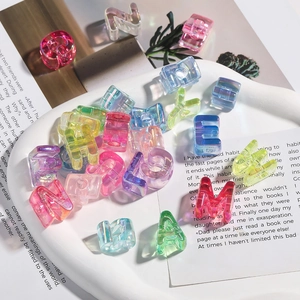 Macro detail of iridescent acrylic letter beads for DIY jewelry making and crafting