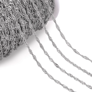 Detailed macro view of silver stainless steel water wave chain on a white spool