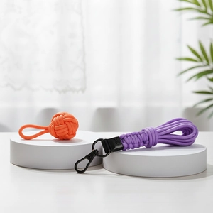 Detail view of woven 5mm nylon paracord keychain with sturdy metal spring buckle